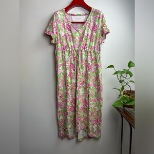 Stan Herman Floral Short Sleeve Summer festival green Teal Mid Dress Size L